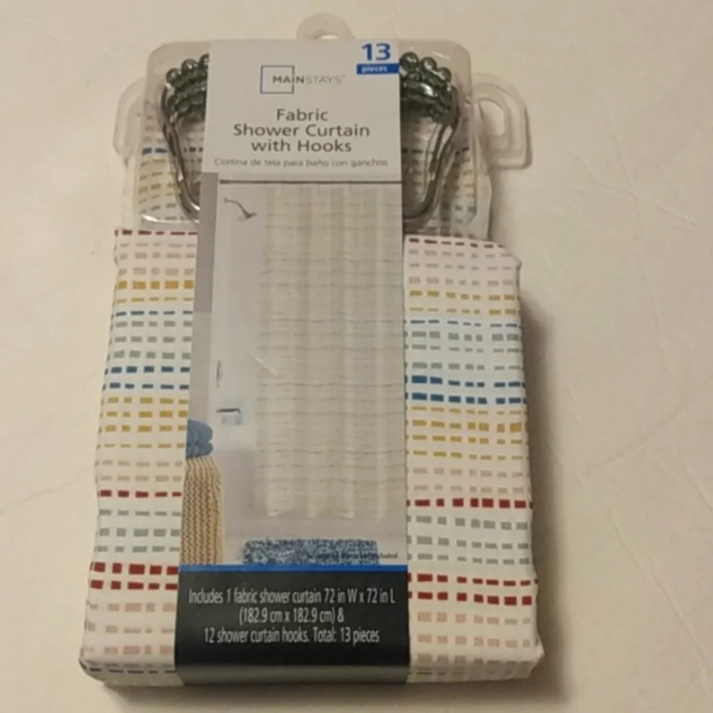Mainstays 13 piece lightweight fabric printed shower curtain with hooks.